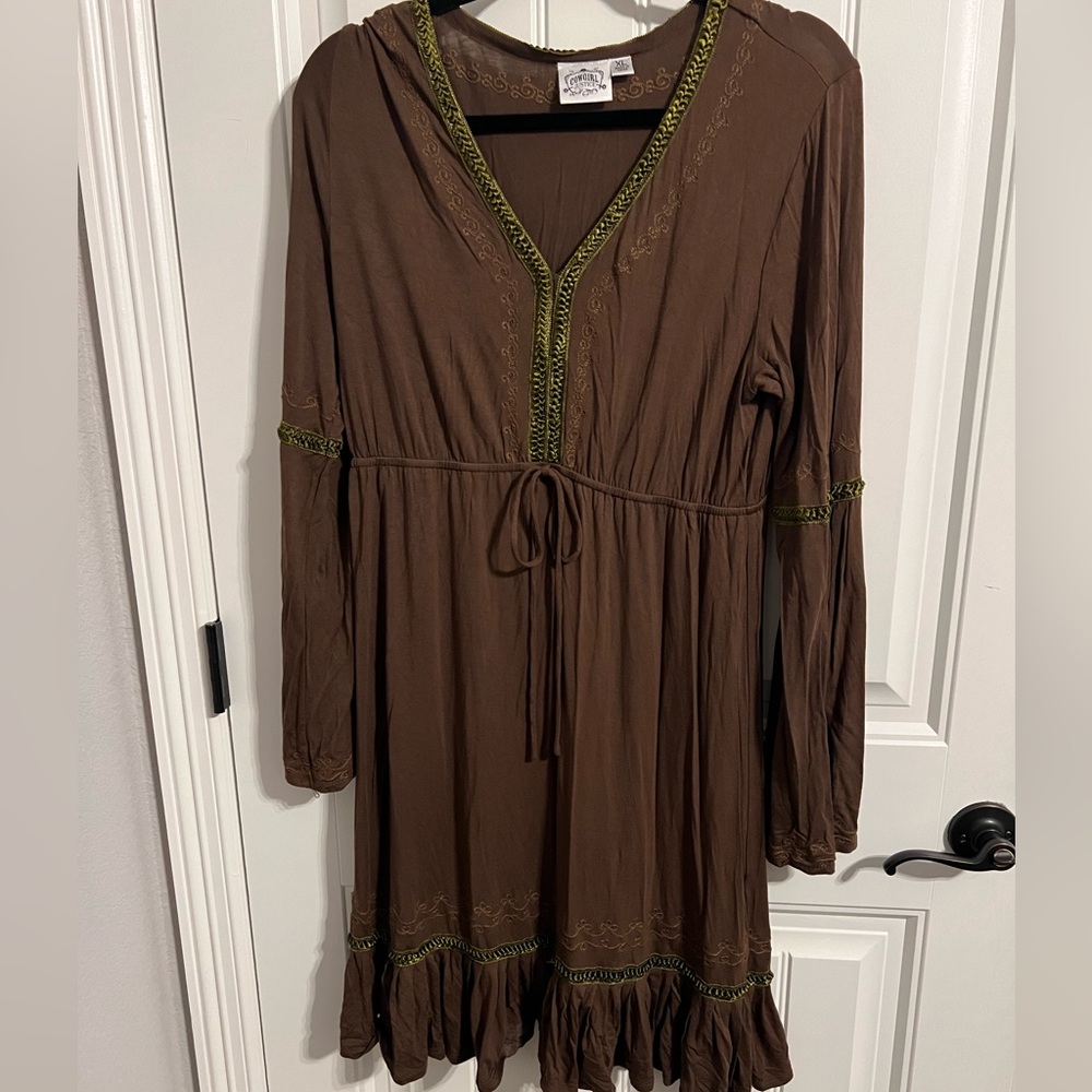 Boho Brown Embroidered V-Neck Dress with Tie Waist